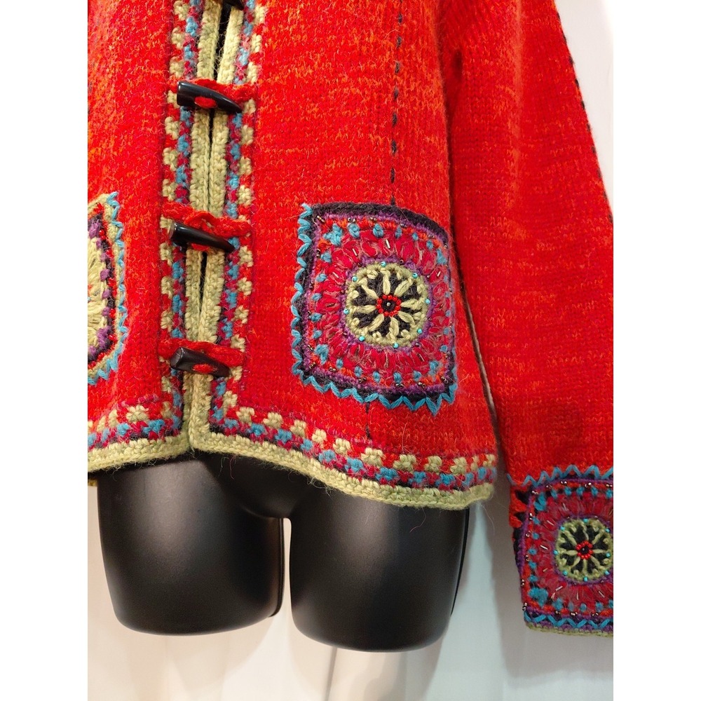 EUC Icelandic Designs Toggle Knit Crochet Cardigan Sweater Alpaca Wool  M Orange - Picture 3 of 12